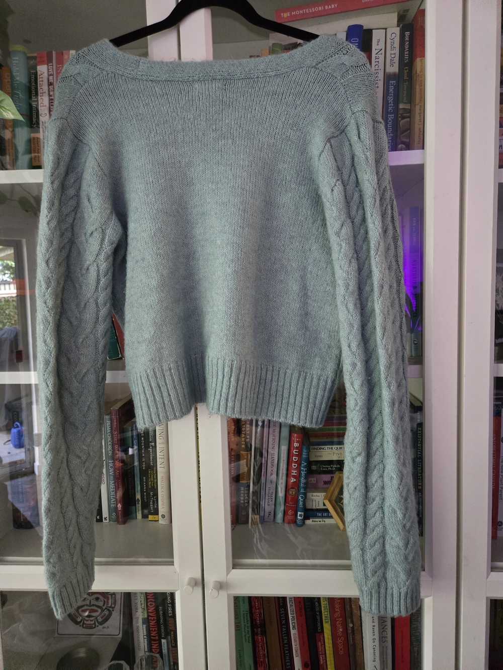 For Thee Light Mint Cable Knit V-Neck Cardigan Sweater with Rhinestone Buttons - Picture 5 of 8